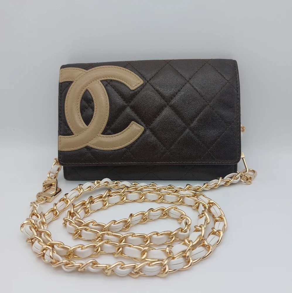 CHANEL Black & Tan Quilted Wallet-on-Chain with Gold Chain